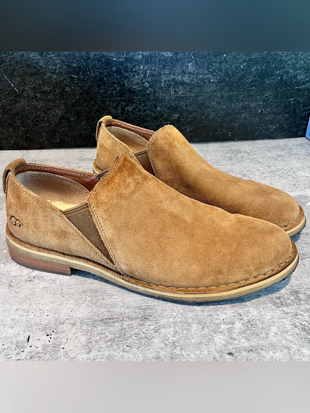Ugg Camellia Camel Brown Suede Slip On Loafer 9.5, Shearling Lined Stacked Heel